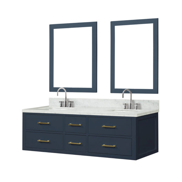 Castor 60W x 22D Blue Double Bath Vanity, Carrara Marble Top, Faucet Set, and 28Mirrors