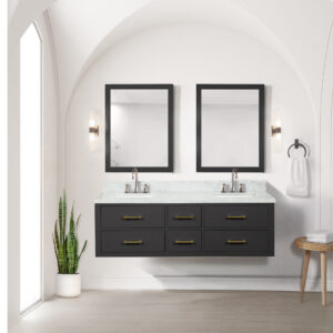 Castor 60W x 22D Black Double Bath Vanity, Carrara Marble Top, Faucet Set, and 28Mirrors