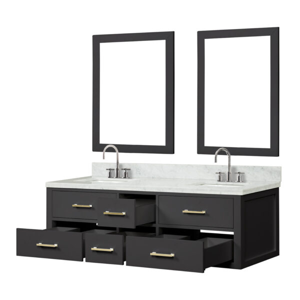 Castor 60W x 22D Black Double Bath Vanity, Carrara Marble Top, Faucet Set, and 28Mirrors