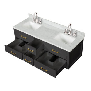 Castor 60W x 22D Black Double Bath Vanity, Carrara Marble Top, Faucet Set, and 28Mirrors