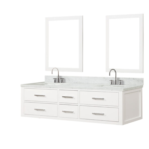 Castor 72W x 22D White Double Bath Vanity, Carrara Marble Top, Faucet Set, and 34Mirrors