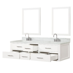 Castor 72W x 22D White Double Bath Vanity, Carrara Marble Top, Faucet Set, and 34Mirrors