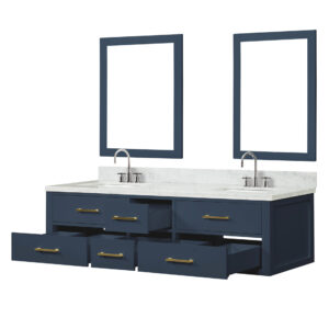 Castor 72W x 22D Blue Double Bath Vanity, Carrara Marble Top, Faucet Set, and 34Mirrors