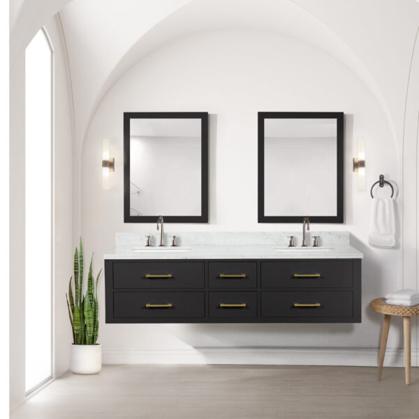 Castor 72W x 22D Black Double Bath Vanity, Carrara Marble Top, Faucet Set, and 34Mirrors