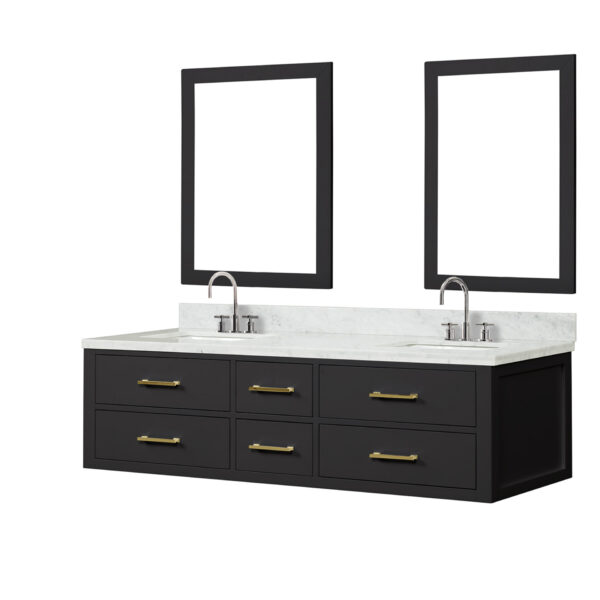 Castor 72W x 22D Black Double Bath Vanity, Carrara Marble Top, Faucet Set, and 34Mirrors