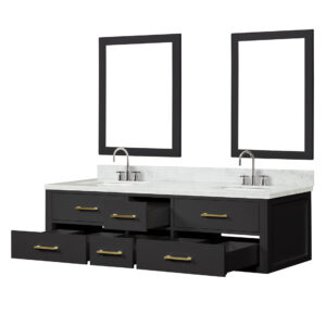 Castor 72W x 22D Black Double Bath Vanity, Carrara Marble Top, Faucet Set, and 34Mirrors