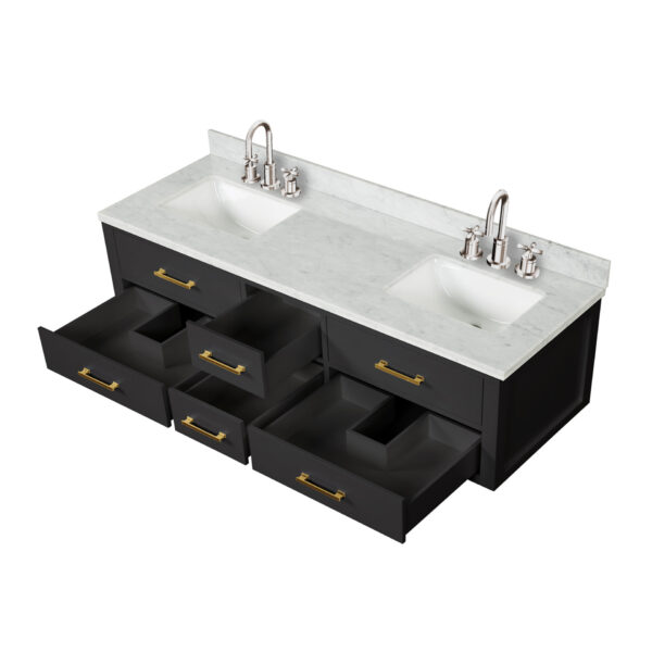 Castor 72W x 22D Black Double Bath Vanity, Carrara Marble Top, Faucet Set, and 34Mirrors