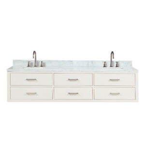 Castor 80W x 22D White Double Bath Vanity, Carrara Marble Top, and Faucet Set