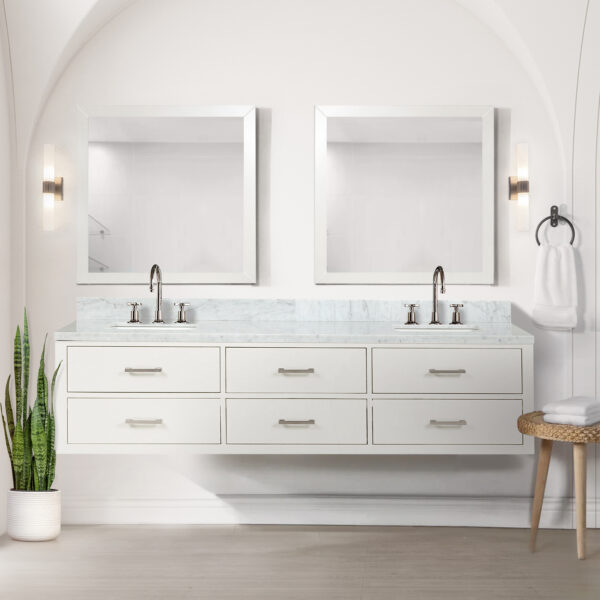 Castor 80W x 22D White Double Bath Vanity, Carrara Marble Top, and Faucet Set