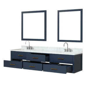 Castor 80W x 22D Blue Double Bath Vanity, Carrara Marble Top, Faucet Set, and 36Mirrors