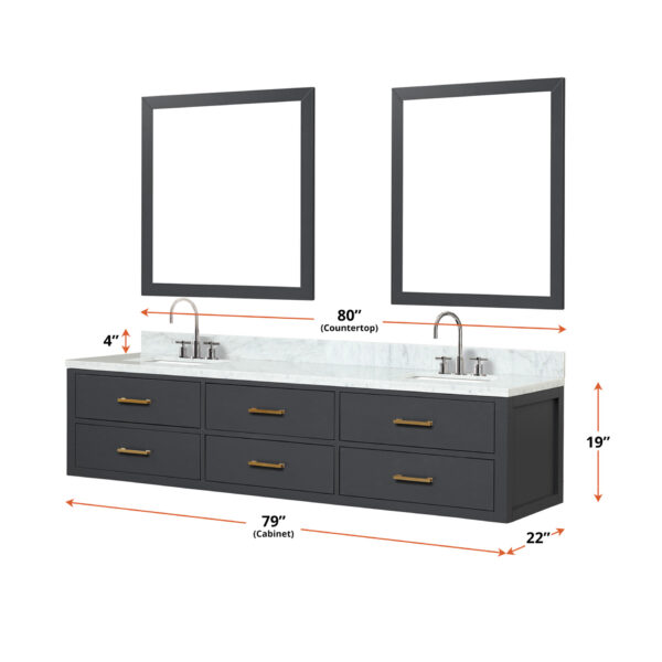 Castor 80W x 22D Black Double Bath Vanity and Carrara Marble Top