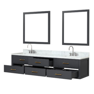 Castor 80W x 22D Black Double Bath Vanity, Carrara Marble Top, Faucet Set, and 36Mirrors