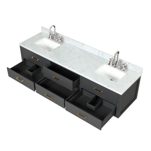 Castor 80W x 22D Black Double Bath Vanity, Carrara Marble Top, Faucet Set, and 36Mirrors