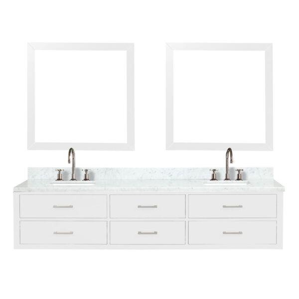 Castor 84W x 22D White Double Bath Vanity, Carrara Marble Top, Faucet Set, and 36Mirrors