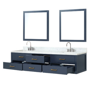 Castor 84W x 22D Blue Double Bath Vanity, Carrara Marble Top, Faucet Set, and 36Mirrors