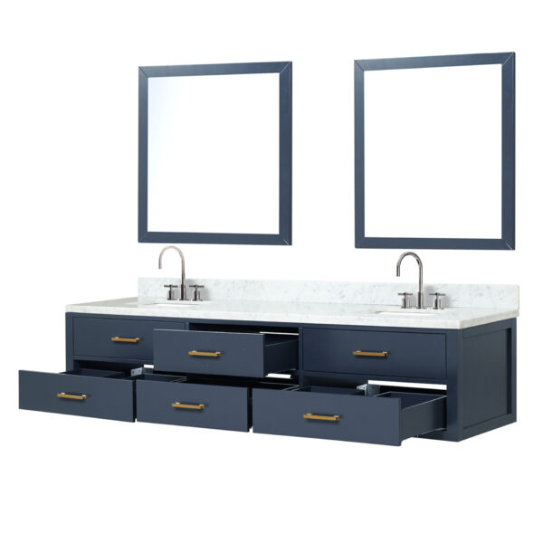 Castor 84W x 22D Blue Double Bath Vanity, Carrara Marble Top, Faucet Set, and 36Mirrors