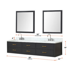 Castor 84W x 22D Black Double Bath Vanity and Carrara Marble Top