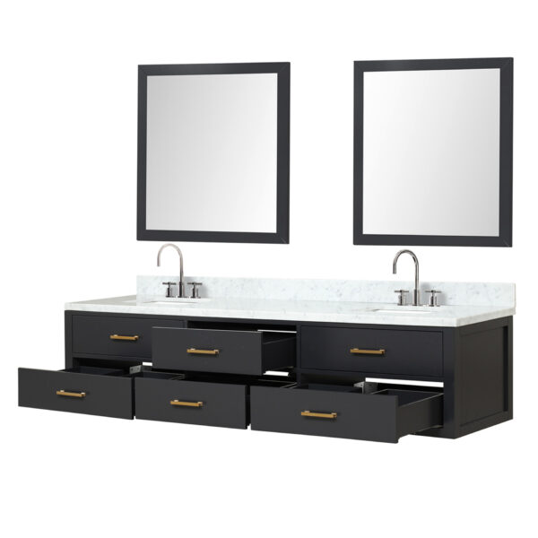 Castor 84W x 22D Black Double Bath Vanity, Carrara Marble Top, Faucet Set, and 36Mirrors