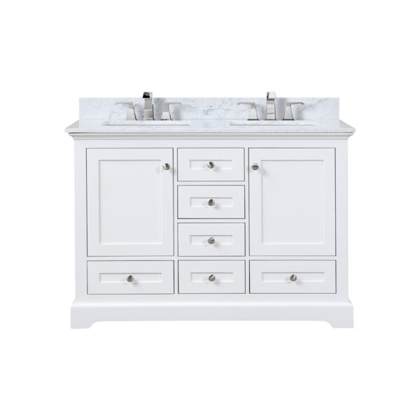 Dukes 48 in. W x 22 in. D White Double Bath Vanity, Carrara Marble Top, and Faucet Set