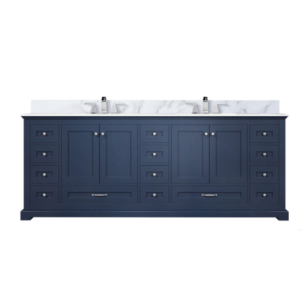 Dukes 84 in. W x 22 in. D Navy Blue Double Bath Vanity, Carrara Marble Top, and Faucet Set