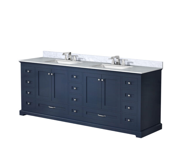 Dukes 84 in. W x 22 in. D Navy Blue Double Bath Vanity, Carrara Marble Top, and Faucet Set