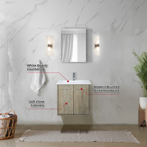 Fairbanks 24W x 20D Rustic Acacia Bath Vanity, White Quartz Top and Chrome Faucet Set