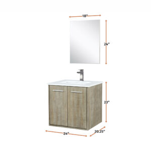 Fairbanks 24W x 20D Rustic Acacia Bath Vanity, White Quartz Top, Gun Metal Faucet Set and 18Mirror