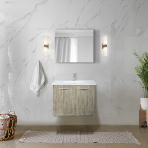 Fairbanks 30W x 20D Rustic Acacia Bath Vanity, Cultured Marble Top and Brushed Nickel Faucet Set