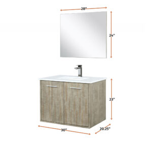 Fairbanks 30W x 20D Rustic Acacia Bath Vanity, White Quartz Top, Gun Metal Faucet Set and 28Mirror