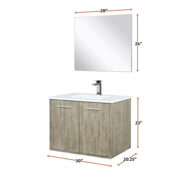 Fairbanks 30W x 20D Rustic Acacia Bath Vanity, White Quartz Top, Gun Metal Faucet Set and 28Mirror