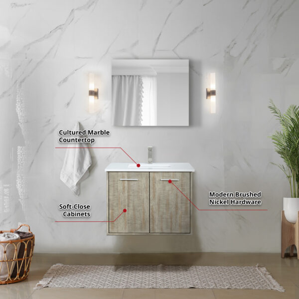 Fairbanks 30W x 20D Rustic Acacia Bath Vanity, Cultured Marble Top and Chrome Faucet Set