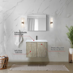 Fairbanks 30W x 20D Rustic Acacia Bath Vanity, Cultured Marble Top and Gun Metal Faucet Set