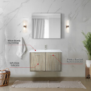 Fairbanks 36W x 20D Rustic Acacia Bath Vanity, White Quartz Top and Brushed Nickel Faucet Set