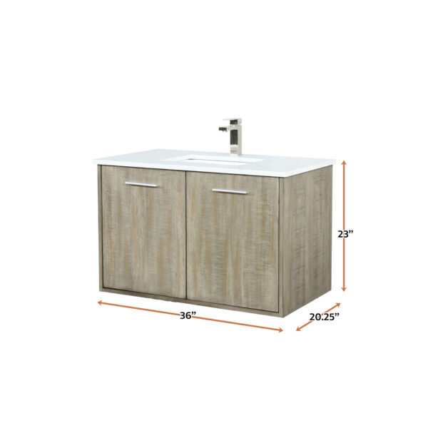 Fairbanks 36W x 20D Rustic Acacia Bath Vanity, White Quartz Top and Brushed Nickel Faucet Set