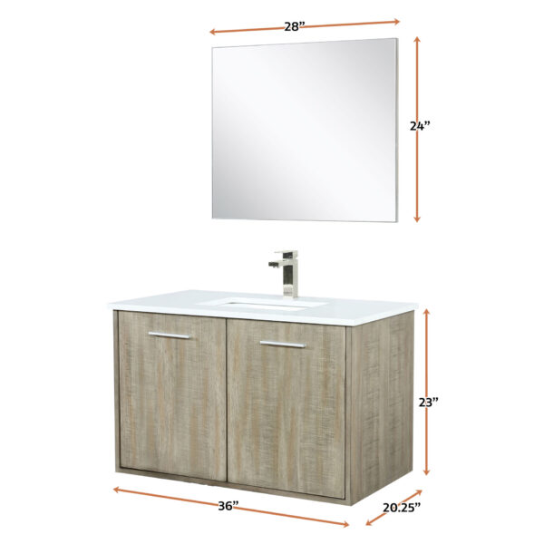 Fairbanks 36W x 20D Rustic Acacia Bath Vanity, White Quartz Top, Brushed Nickel Faucet Set and 28Mirror