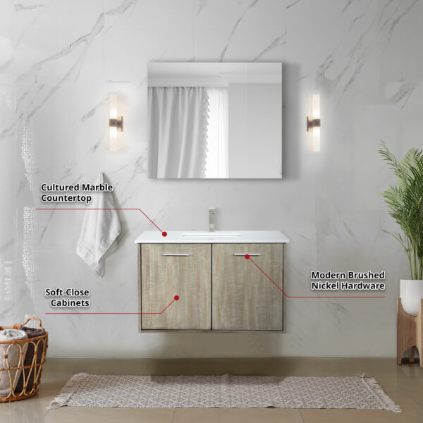 Fairbanks 36W x 20D Rustic Acacia Bath Vanity, Cultured Marble Top and Brushed Nickel Faucet Set