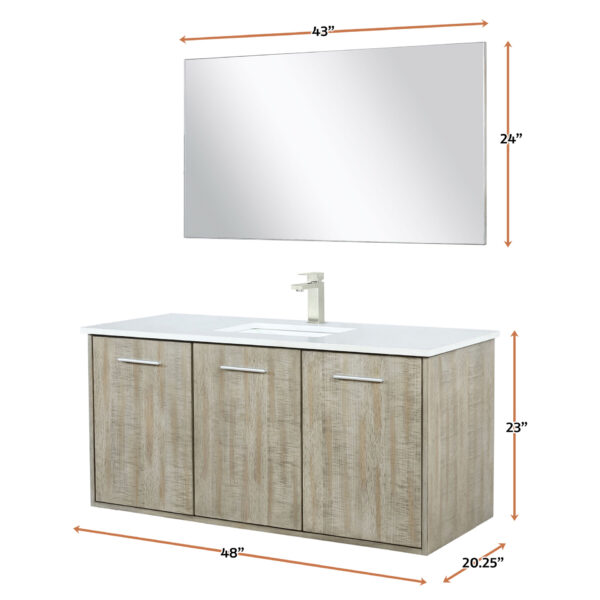 Fairbanks 48W x 20D Rustic Acacia Bath Vanity, White Quartz Top, Brushed Nickel Faucet Set and 43Mirror