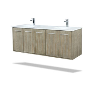 Fairbanks 60W x 20D Rustic Acacia Double Bath Vanity, Cultured Marble Top and Chrome Faucet Set