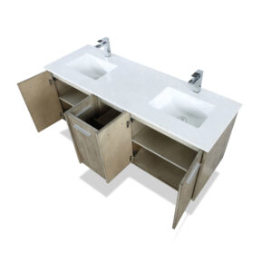 Fairbanks 60W x 20D Rustic Acacia Double Bath Vanity, Cultured Marble Top and Chrome Faucet Set