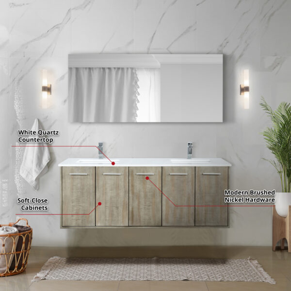 Fairbanks 60W x 20D Rustic Acacia Double Bath Vanity, White Quartz Top and Chrome Faucet Set