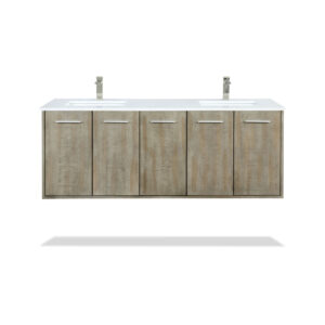 Fairbanks 60W x 20D Rustic Acacia Double Bath Vanity, Cultured Marble Top and Brushed Nickel Faucet Set