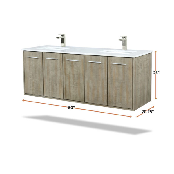 Fairbanks 60W x 20D Rustic Acacia Double Bath Vanity, White Quartz Top and Brushed Nickel Faucet Set