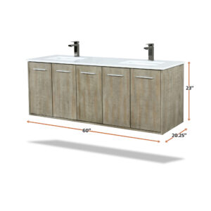 Fairbanks 60W x 20D Rustic Acacia Double Bath Vanity, White Quartz Top and Gun Metal Faucet Set