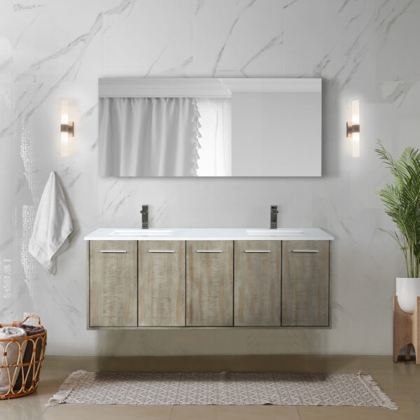 Fairbanks 60W x 20D Rustic Acacia Double Bath Vanity, Cultured Marble Top and Gun Metal Faucet Set