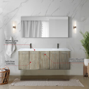 Fairbanks 60W x 20D Rustic Acacia Double Bath Vanity, White Quartz Top and Gun Metal Faucet Set