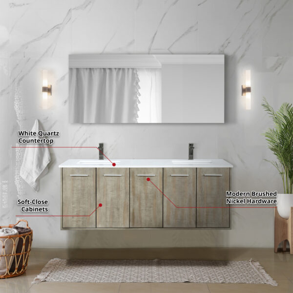 Fairbanks 60W x 20D Rustic Acacia Double Bath Vanity, White Quartz Top and Gun Metal Faucet Set