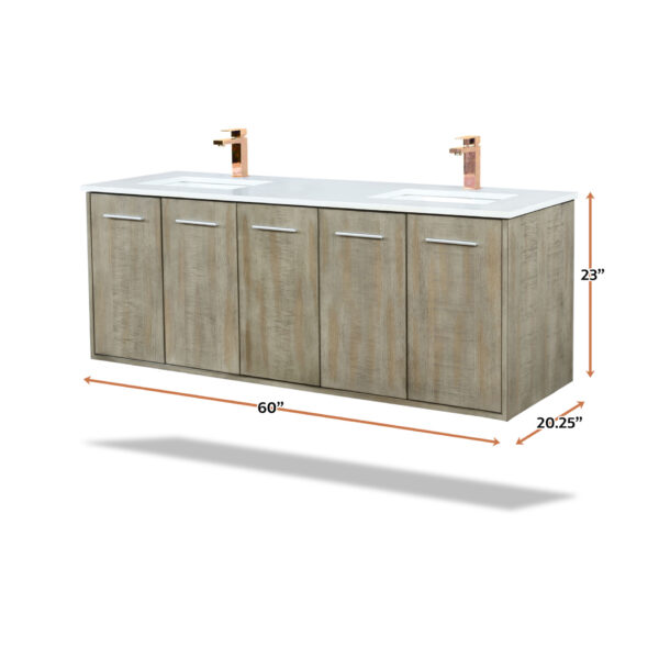 Fairbanks 60W x 20D Rustic Acacia Double Bath Vanity, White Quartz Top and Rose Gold Faucet Set