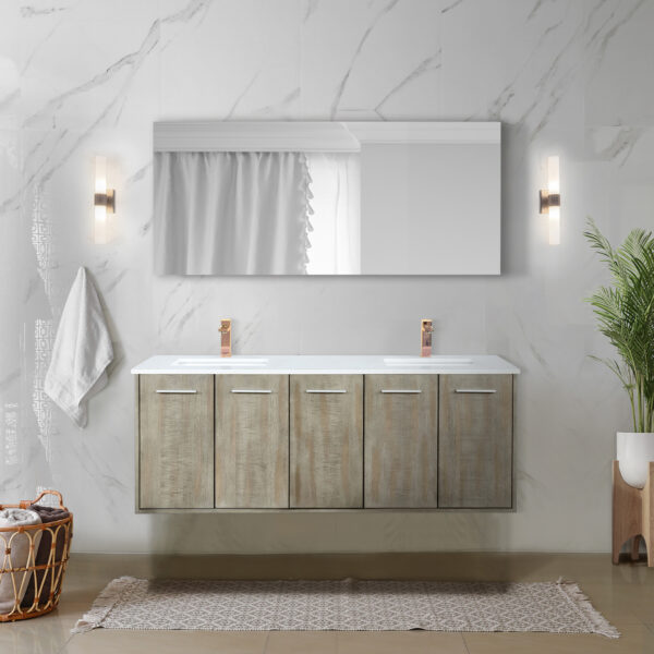 Fairbanks 60W x 20D Rustic Acacia Double Bath Vanity, Cultured Marble Top and Rose Gold Faucet Set