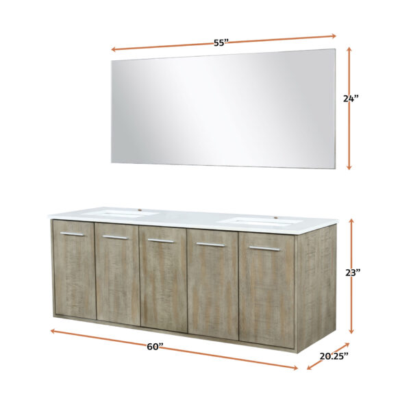 Fairbanks 60W x 20D Rustic Acacia Double Bath Vanity, White Quartz Top and 55Mirror