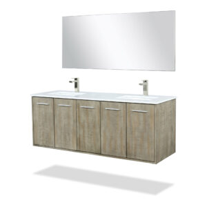 Fairbanks 60W x 20D Rustic Acacia Double Bath Vanity, Cultured Marble Top, Brushed Nickel Faucet Set and 55Mirror